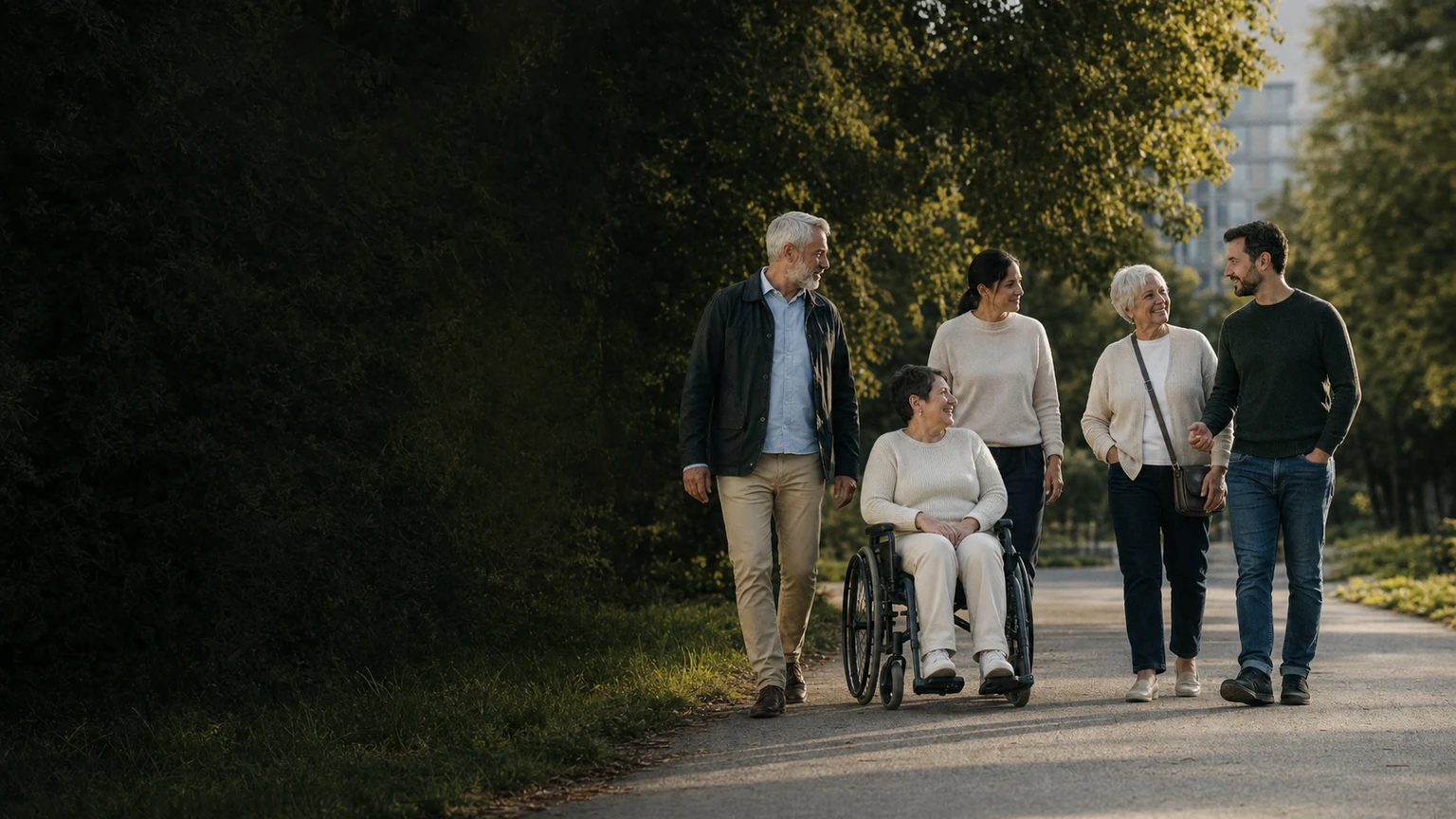 A multigenerational group walking together through a park, including a wheelchair user.