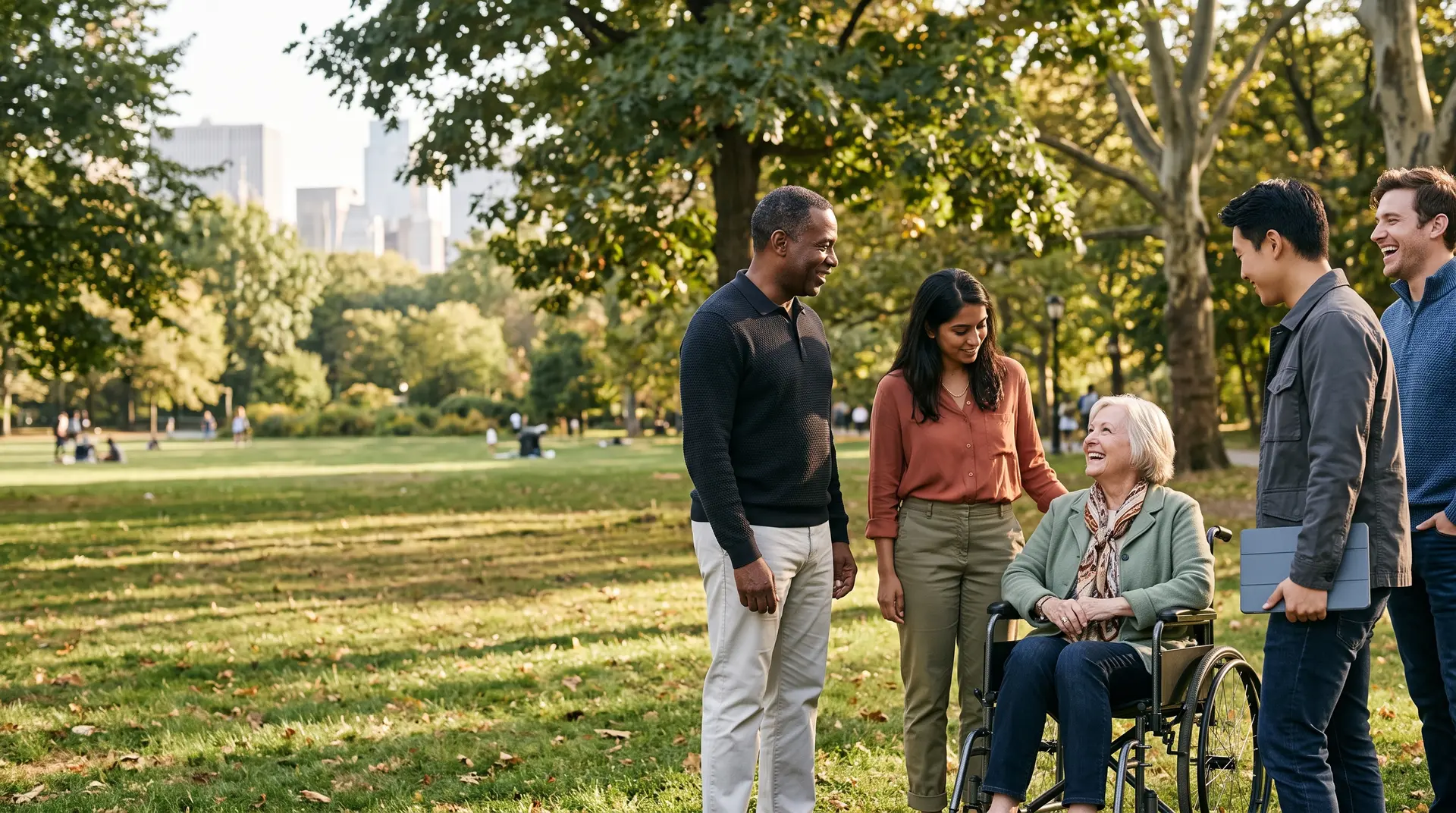 A multigenerational group talking together in a sunny park, including a wheelchair user.